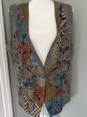 Chico's Gray Embroidered Patchwork Vest with Blue & Tan Accents